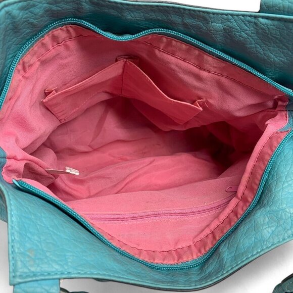 Strada Pleated Shoulder Bag Teal Blue Faux Leather Pink Lining 15"W x 12"H x 5"D - Picture 8 of 11